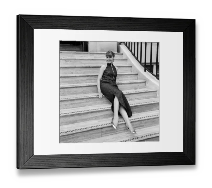 Framed Print : Virginia Bird wearing a full length evening dress in lined brocade with a slit skirt Framed Print : Virginia Bird wearing a full length evening dress in lined brocade with a slit skirt