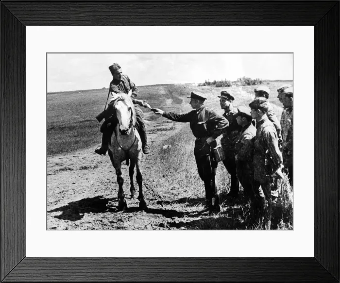 Framed Print : Red Army dispatch rider on the Western Front. A Red Army man delivers a dispatch to his