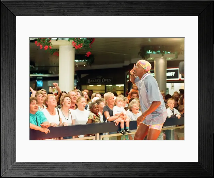 Framed Print : Mr Motivator aka Derrick Evans at Broad Street Mall, Reading. 25th June 1996