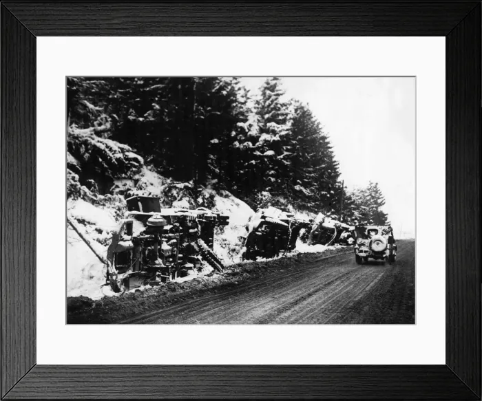 Framed Print : American and German military vehicles lie overturned on the roadside after being put out Framed Print : American and German military vehicles lie overturned on the roadside after being put out