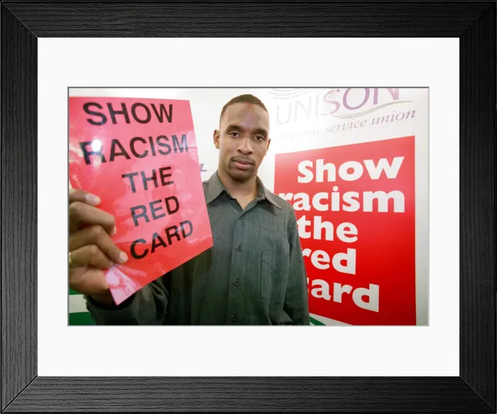 Framed Print : Shaka Hislop, Red card on Racism at Gosforth High School. 6th February 1998 Framed Print : Shaka Hislop, Red card on Racism at Gosforth High School. 6th February 1998