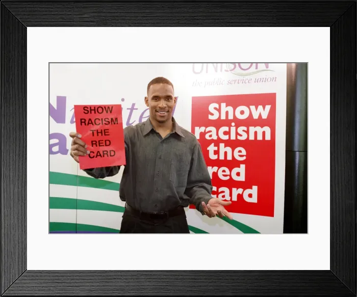 Framed Print : Shaka Hislop, Red card on Racism at Gosforth High School. 6th February 1998 Framed Print : Shaka Hislop, Red card on Racism at Gosforth High School. 6th February 1998
