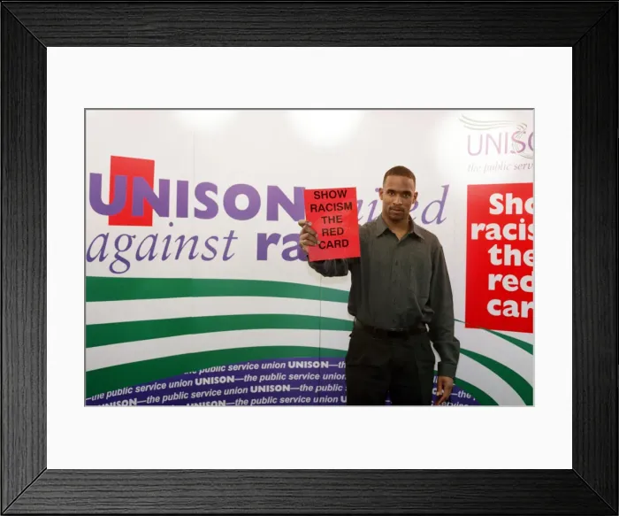 Framed Print : Shaka Hislop, Red card on Racism at Gosforth High School. 6th February 1998 Framed Print : Shaka Hislop, Red card on Racism at Gosforth High School. 6th February 1998