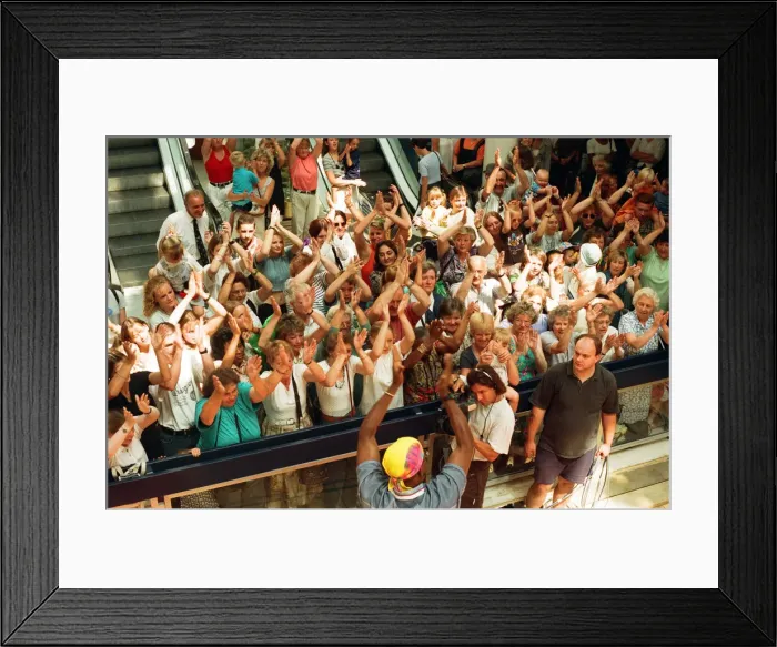 Framed Print : Mr Motivator aka Derrick Evans at Broad Street Mall, Reading. 25th June 1996