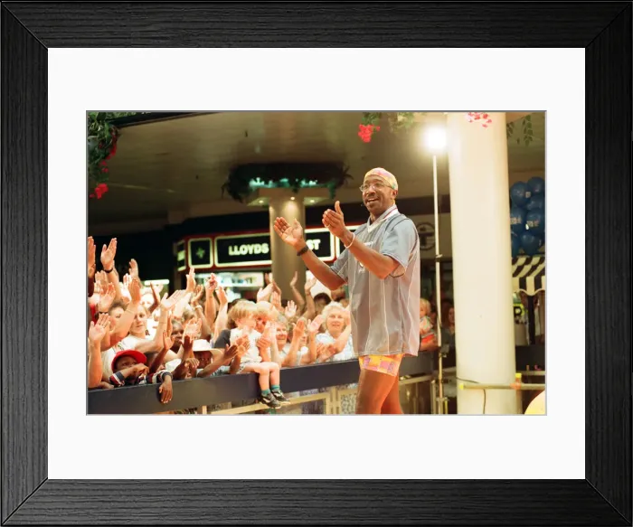 Framed Print : Mr Motivator aka Derrick Evans at Broad Street Mall, Reading. 25th June 1996 Framed Print : Mr Motivator aka Derrick Evans at Broad Street Mall, Reading. 25th June 1996