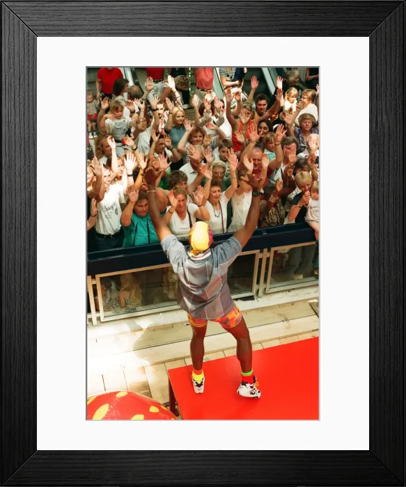 Framed Print : Mr Motivator aka Derrick Evans at Broad Street Mall, Reading. 25th June 1996 Framed Print : Mr Motivator aka Derrick Evans at Broad Street Mall, Reading. 25th June 1996