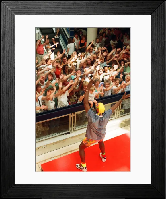 Framed Print : Mr Motivator aka Derrick Evans at Broad Street Mall, Reading. 25th June 1996 Framed Print : Mr Motivator aka Derrick Evans at Broad Street Mall, Reading. 25th June 1996