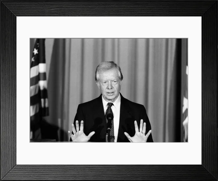 Framed Print : Former President Jimmy Carter talks to the press at the American Embassy on overseas Framed Print : Former President Jimmy Carter talks to the press at the American Embassy on overseas