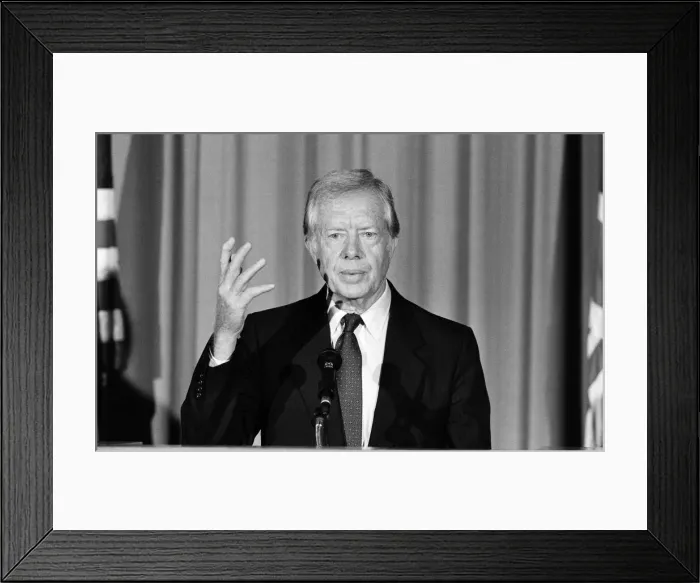 Framed Print : Former President Jimmy Carter talks to the press at the American Embassy on overseas Framed Print : Former President Jimmy Carter talks to the press at the American Embassy on overseas