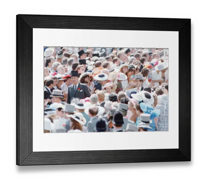 Framed Print : Queen Elizabeth II (centre, head showing, in pink hat with blue flower