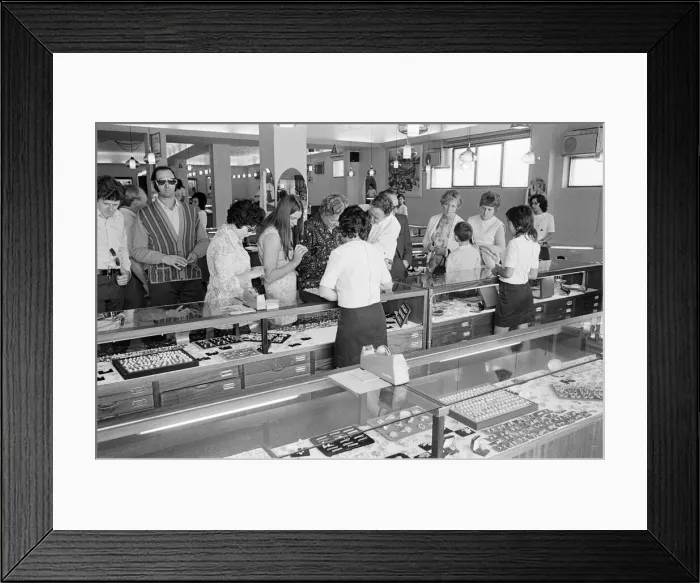 Framed Print : Looking for bargains, souvenir shopping, Majorca, Spain, August 1971 Framed Print : Looking for bargains, souvenir shopping, Majorca, Spain, August 1971