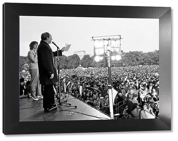 CND Peace March in Hyde Park in London October 1983. Neil Kinnock on stage making