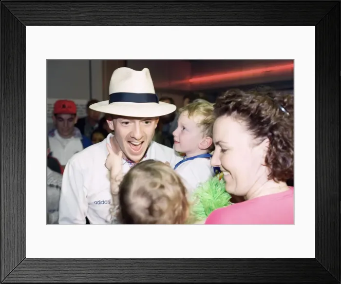 Framed Print : British cyclist Chris Boardman on arrival at Manchester airport as he returns home Framed Print : British cyclist Chris Boardman on arrival at Manchester airport as he returns home