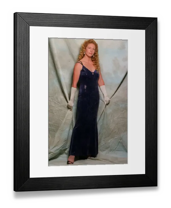 Framed Print : Charlie Dimmock August 1998 blue velvet evening dress white satin gloves