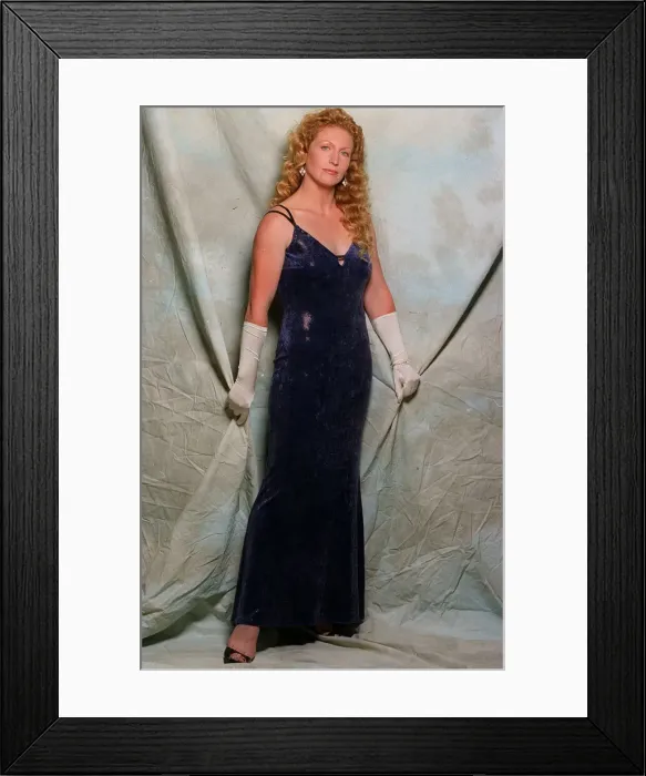 Framed Print : Charlie Dimmock August 1998 blue velvet evening dress white satin gloves Framed Print : Charlie Dimmock August 1998 blue velvet evening dress white satin gloves