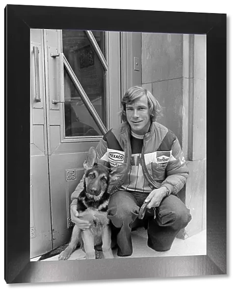 Motor Racing Driver James Hunt with Oscar, his German Shepherd dog