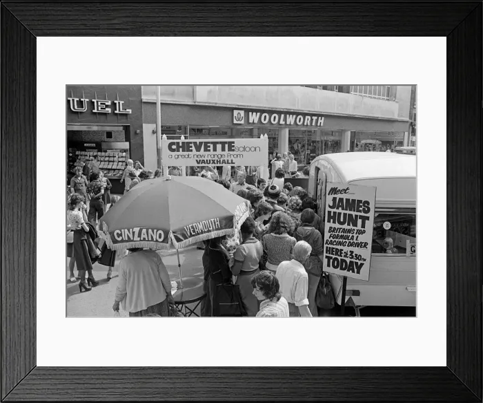 Framed Print : Motor Racing Driver James Hunt meets his fans at a Chevette Meet and Greet event