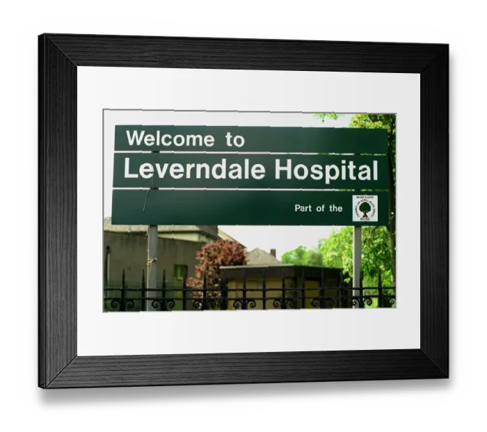 Framed Print : Fee £75 for online and £150 for print LEVERNDALE HOSPITAL GLASGOW SIGN