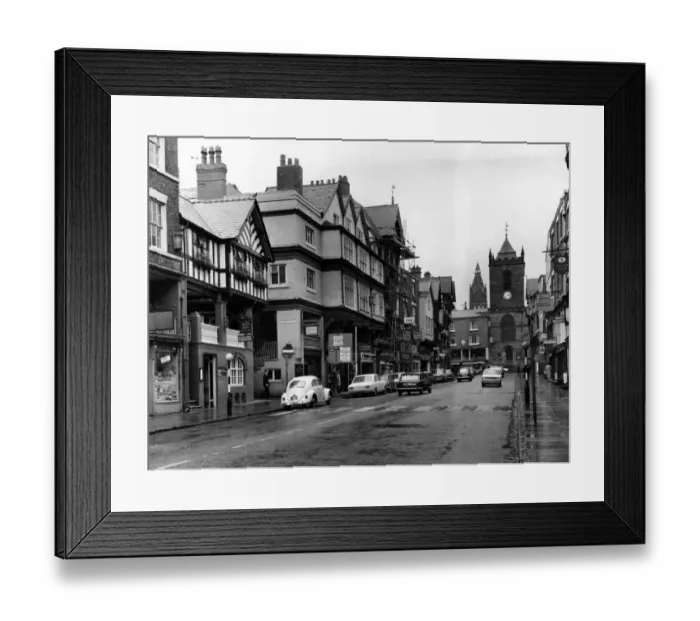 Framed Print : Street scene in Chester, Cheshire. 11th July 1969 Framed Print : Street scene in Chester, Cheshire. 11th July 1969