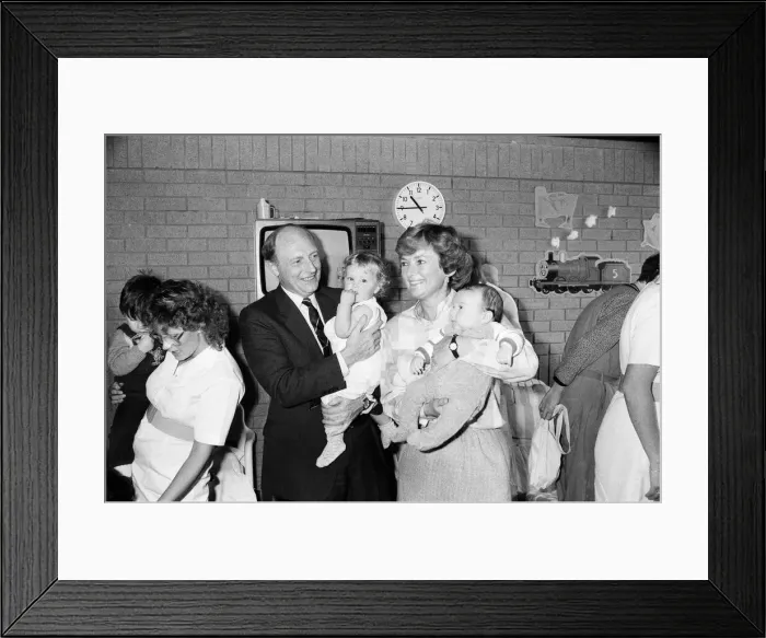 Framed Print : Neil Kinnock and wife Glenys, visit the creche set up in Bournemouth for delegates Framed Print : Neil Kinnock and wife Glenys, visit the creche set up in Bournemouth for delegates
