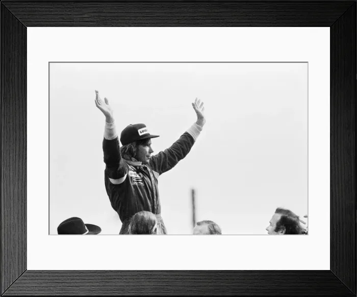 Framed Print : James Hunt on the podium celebrates winning The 1977 British Grand Prix Formula One Framed Print : James Hunt on the podium celebrates winning The 1977 British Grand Prix Formula One