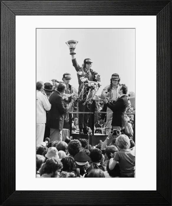 Framed Print : James Hunt on the podium celebrates winning The 1977 British Grand Prix Formula One Framed Print : James Hunt on the podium celebrates winning The 1977 British Grand Prix Formula One