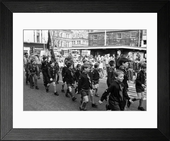 Framed Print : Scouts from the Huddersfield South-West district marched from the Town Hall to the Parish Framed Print : Scouts from the Huddersfield South-West district marched from the Town Hall to the Parish