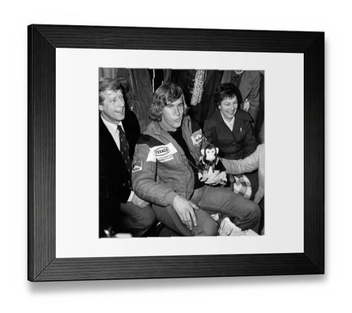 Framed Print : James Hunt, the new World Motor Racing Champion, received a hero