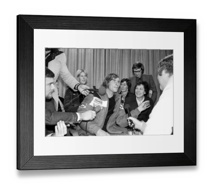 Framed Print : James Hunt, the new World Motor Racing Champion, received a hero