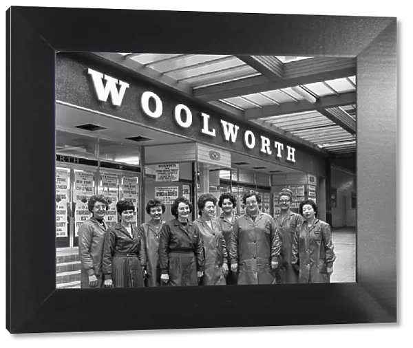 Shop assistants pose outside the New Woolworth store, East Kilbride, 30th January 1970