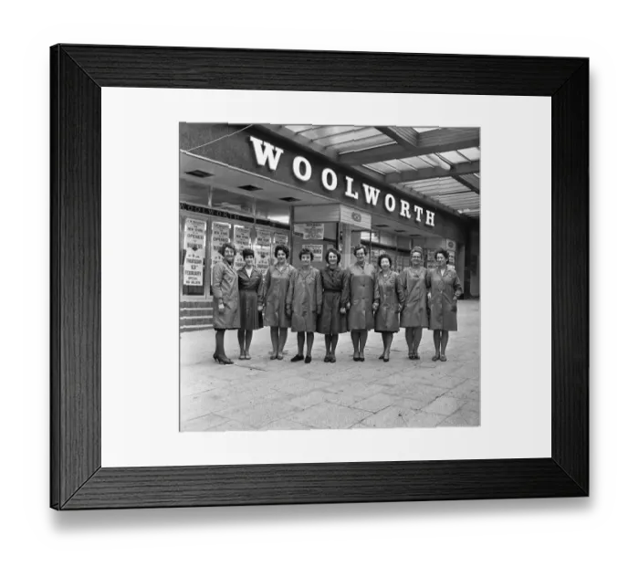 Framed Print : Shop assistants pose outside the New Woolworth store (possibly East Kilbride Framed Print : Shop assistants pose outside the New Woolworth store (possibly East Kilbride