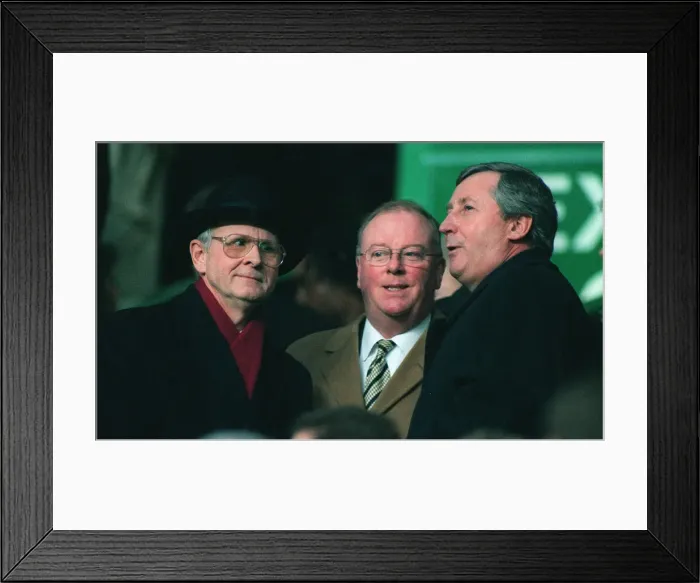 Framed Print : Fergus McCann at Celtic v Rangers game with friends 1998 black hat coat Framed Print : Fergus McCann at Celtic v Rangers game with friends 1998 black hat coat