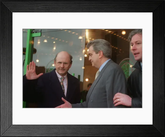 Framed Print : Fergus McCann and Jim Dempsey leader of the Celtic rebel shareholders shaking hands