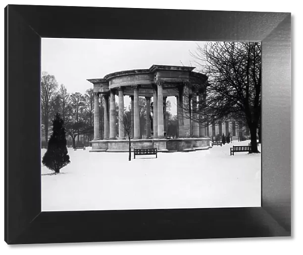 The Welsh national War Memorial in Cardiff on an unaccustomed background of snow