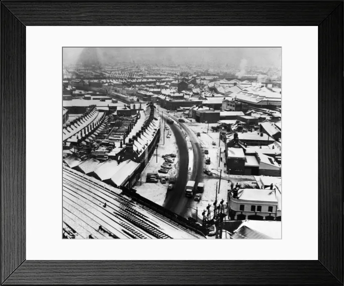 Framed Print : Aerial view of Cardiff in the snow taken from the top of the newGas Showroom building in Framed Print : Aerial view of Cardiff in the snow taken from the top of the newGas Showroom building in