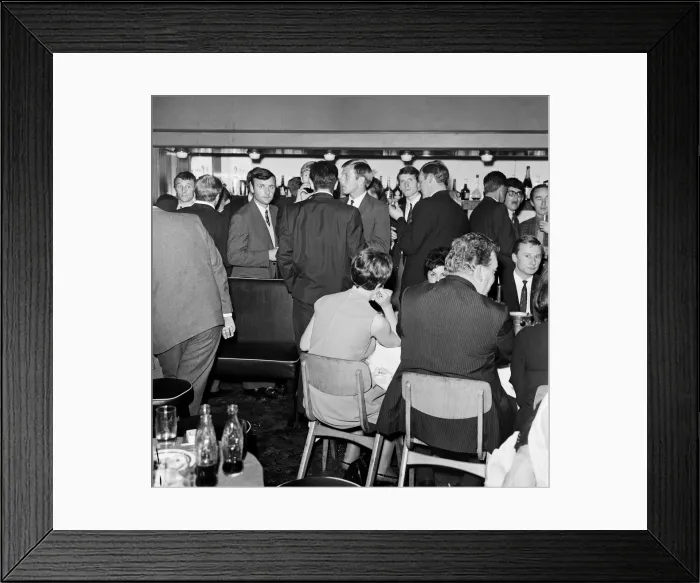 Framed Print : Manchester City football team celebrate in a Manchester club after winning the 1968 Framed Print : Manchester City football team celebrate in a Manchester club after winning the 1968