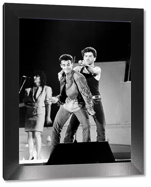 George Michael and Andrew Ridgeley of pop duo Wham!, at their farewell concert entitled