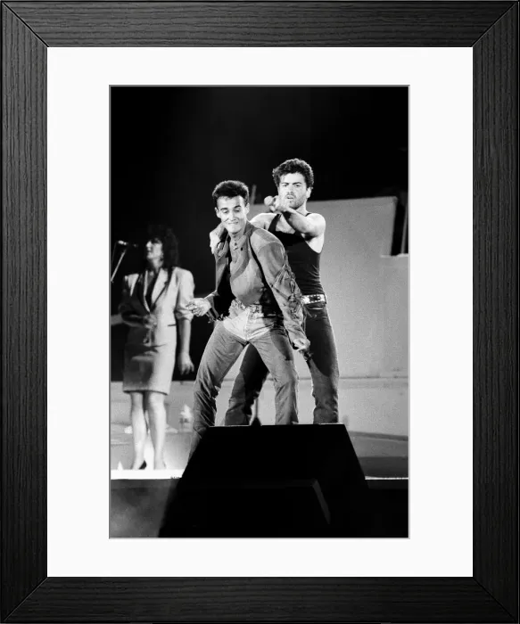 Framed Print : George Michael and Andrew Ridgeley of pop duo Wham!, at their farewell concert entitled Framed Print : George Michael and Andrew Ridgeley of pop duo Wham!, at their farewell concert entitled