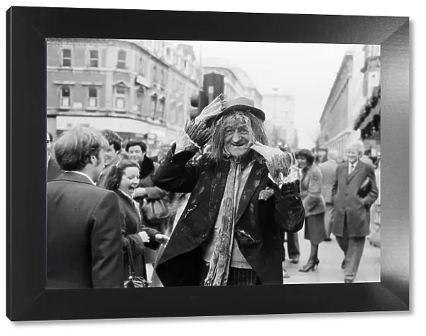 Jon Pertwee as Worzel Gummidge pictured out and about, dressed in character