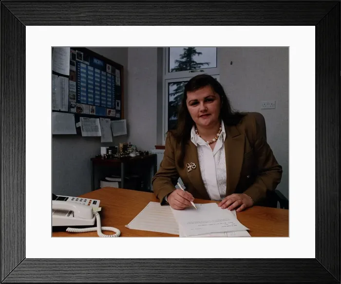 Framed Print : Audrey Baxter of Baxters Food mustard jacket white blouse pen papers Framed Print : Audrey Baxter of Baxters Food mustard jacket white blouse pen papers