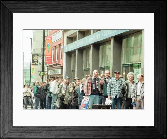Framed Print : Football Fans queue outside Thomson House, Head Office of Newcastle Chronicle Framed Print : Football Fans queue outside Thomson House, Head Office of Newcastle Chronicle