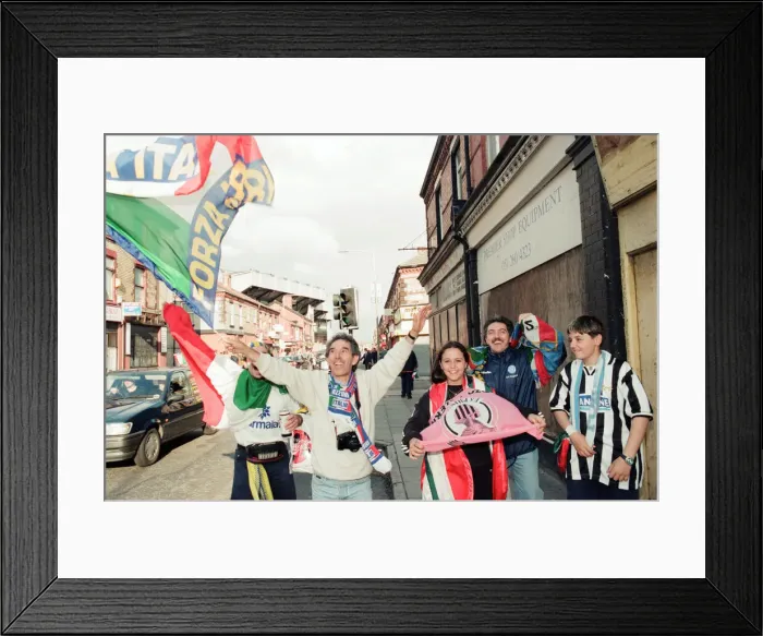 Framed Print : Euro 1996 Football Fans in the streets around Anfield Football Ground, Liverpool