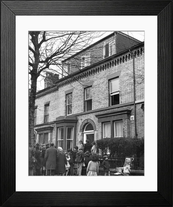 Framed Print : Ducie Street, Liverpool. England, April 1969, Locals gather to view 4 new Show flats that Framed Print : Ducie Street, Liverpool. England, April 1969, Locals gather to view 4 new Show flats that