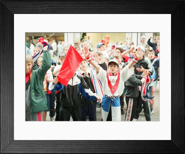 Framed Print : Euro 1996 Street Festival, Newcastle, 18th June 1996. French Football Fans Framed Print : Euro 1996 Street Festival, Newcastle, 18th June 1996. French Football Fans