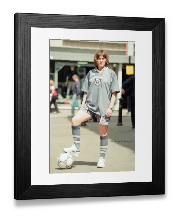 Framed Print : Shop asistant Karen Burke from Soccer City, models Englands Grey Strip, Liverpool