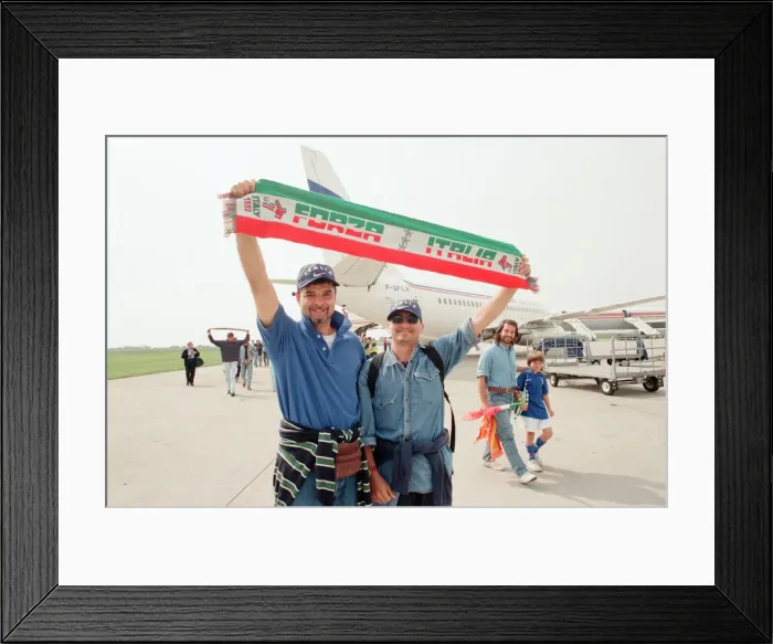 Framed Print : Italian Football Fans arrive at Liverpool Airport, 14th June 1996 Framed Print : Italian Football Fans arrive at Liverpool Airport, 14th June 1996