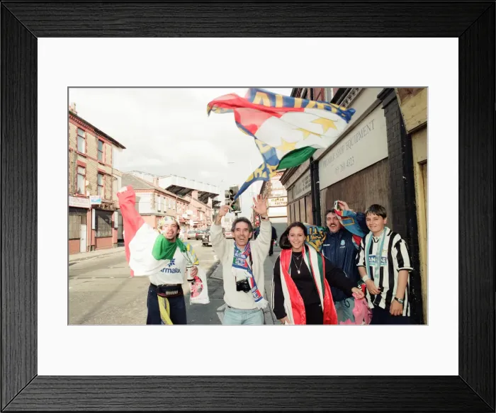 Framed Print : Euro 1996 Football Fans in the streets around Anfield Football Ground, Liverpool