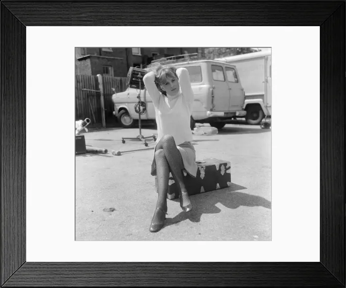 Framed Print : Actress Susan George, pictured on the film set during a filming break in Tooting High