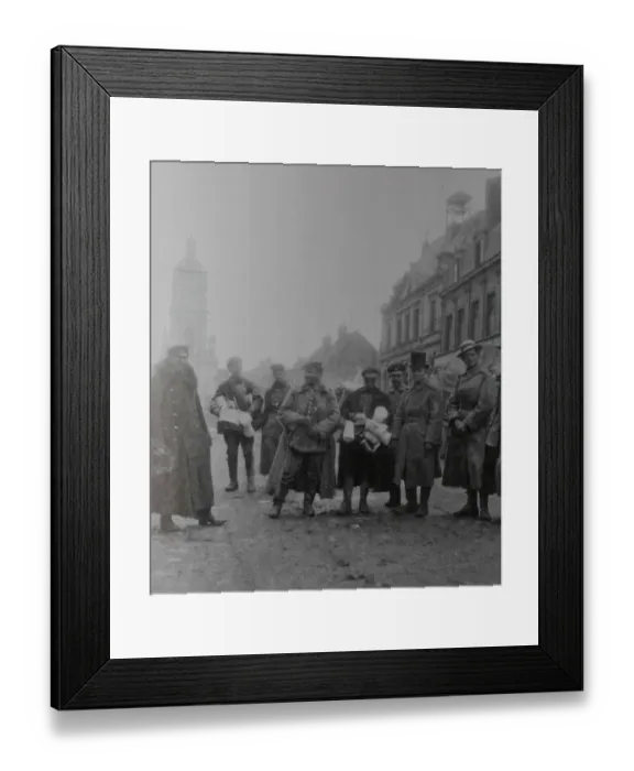 Framed Print : Picture shows German soldiers in Lens in 1915 standing in the main street by the Town Framed Print : Picture shows German soldiers in Lens in 1915 standing in the main street by the Town