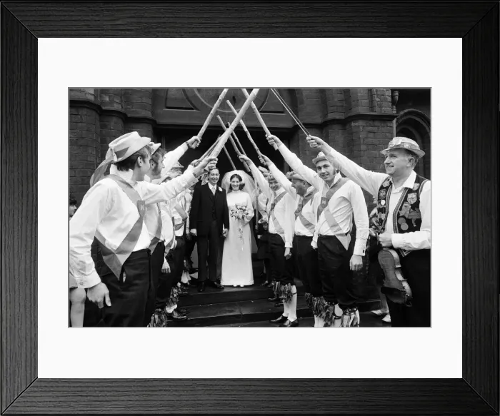 Framed Print : Morris Men at a wedding in South Bank, Middlesbrough. 1971